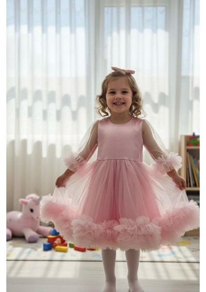 Kız Çocuk Elbise Fırfır Detay Uzun Kol Party Özel Gün Doğum Günü Elbise fiyatları