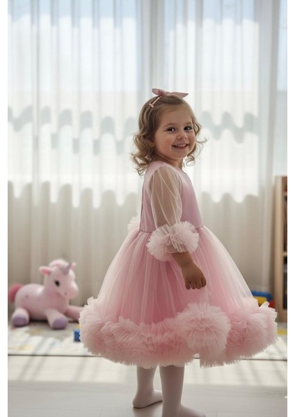 Kız Çocuk Elbise Fırfır Detay Uzun Kol Party Özel Gün Doğum Günü Elbise modelleri