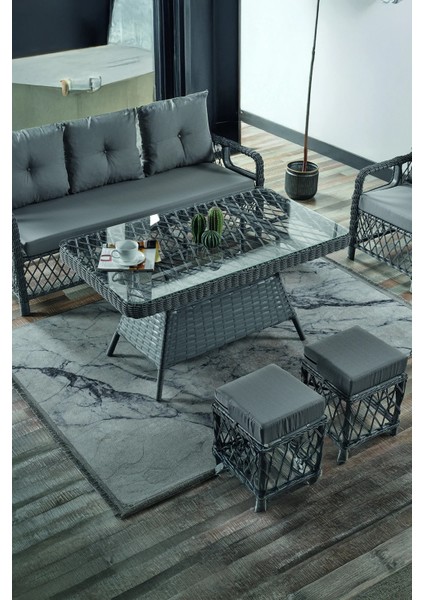 Rattan Edra Bahçe Mobilyası 3+1+1+Camlı Masa Gri- Kemik- Cappucino - B&n Garden
