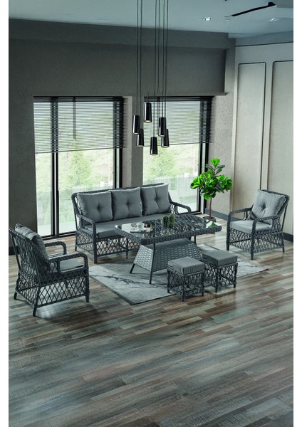 Rattan Edra Bahçe Mobilyası 3+1+1+Camlı Masa Gri- Kemik- Cappucino - B&n Garden modelleri