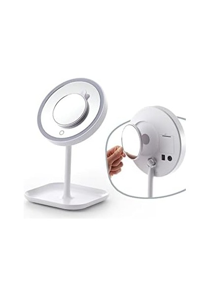 Land Of Myth - 1x+5x Zoom 23 LED Işıklı Makyaj Aynası, 360° Döner, Dokunmatik Sensörlü, Kablolu – Kablosuz Kullanım