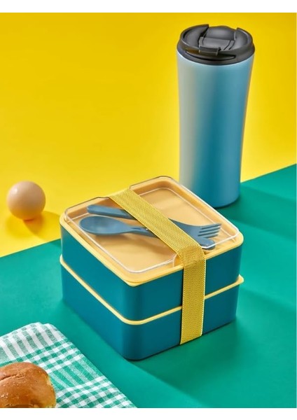 Prime Pratik ve Şık Beslenme Kutusu 2 Katlı Bölmeli, Kaşıklı ve Çatal Setli, Taşınabilir Gıda Saklama Kabı Yeşil