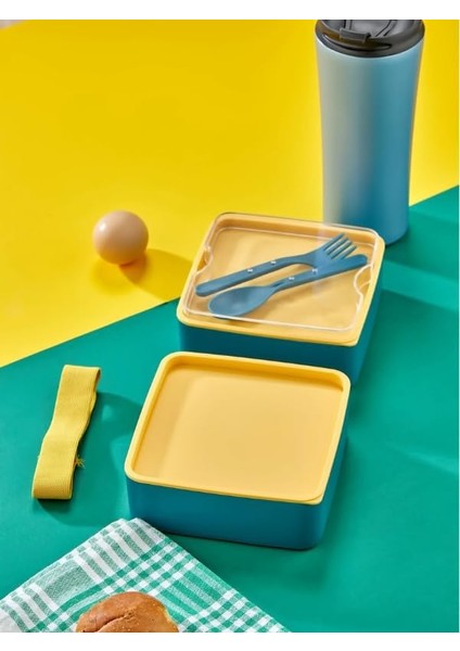 Prime Pratik ve Şık Beslenme Kutusu 2 Katlı Bölmeli, Kaşıklı ve Çatal Setli, Taşınabilir Gıda Saklama Kabı Yeşil modelleri