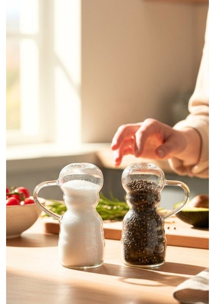 Lunare Borosilikat Cam Kulplu Tasarım Tuzluk Biberlik Baharatlık 2’li Set Şeffaf