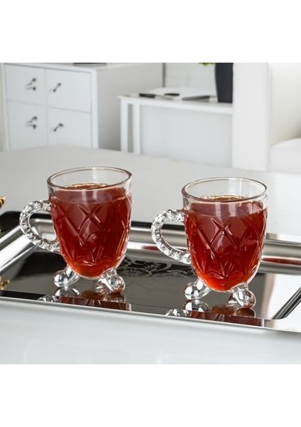 15720 Ayaklı Kulplu Desenli 4'lü Cam - Kulplu Çay Kahve Bardağı - 200 cc fiyatları