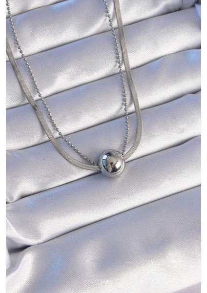 316L Çelik Çift Zincirli Gümüş Renk Topçuk İtalyan Model Kolye