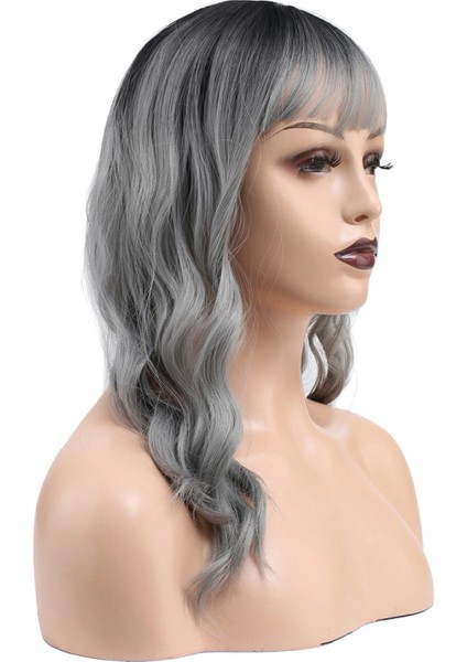Dalgalı Kısa Perçemli Fiber Sentetik Peruk - Siyah / Gri Ombreli modelleri