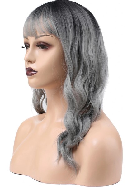 Dalgalı Kısa Perçemli Fiber Sentetik Peruk - Siyah / Gri Ombreli fırsatları