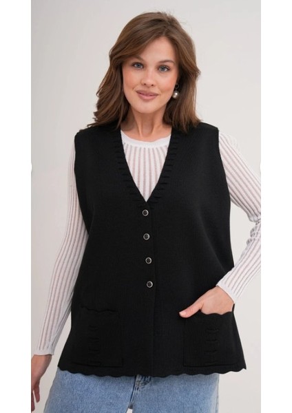 Kadın Anne Büyük Beden Triko Düz Model Yelek