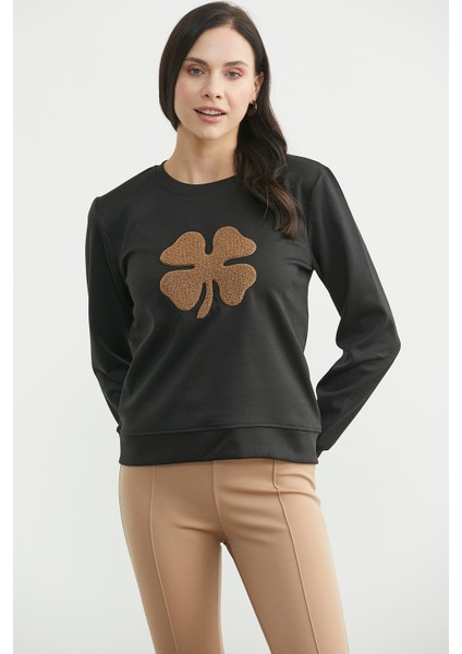 Kontrast Kabartma Baskılı Sweatshirt - Siyah indirimleri