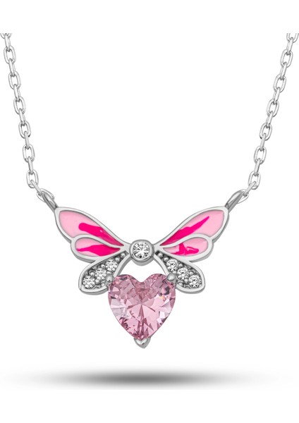 Gümüş Pembe Kalp Peri Kanatlı Kolye