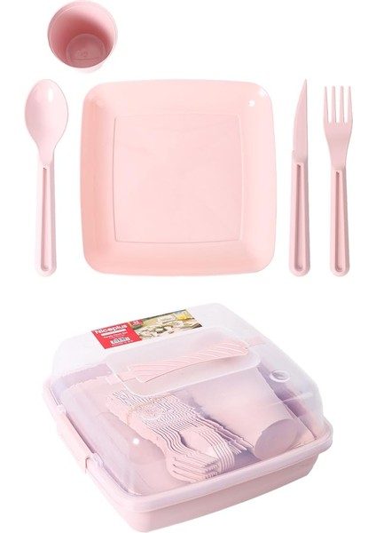 Piknik Seti, 6 Kişilik Piknik Seti, Taşımalı Çanta Piknik Seti, 32 Parça Piknik Seti, Pasta Börek Taşıma Kabı, Kamp Seti, Piknik Yemek Takımı (Pembe)