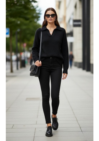 Kadın Trend Polo Yaka Tüylü Örme Kazak - %100 Pamuklu Günlük Şık Triko Üst