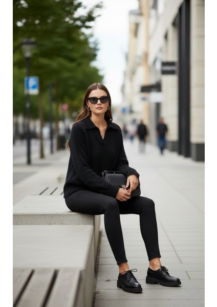 Kadın Trend Polo Yaka Tüylü Örme Kazak - %100 Pamuklu Günlük Şık Triko Üst fiyatları