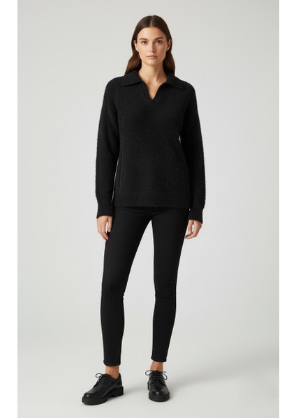 Kadın Trend Polo Yaka Tüylü Örme Kazak - %100 Pamuklu Günlük Şık Triko Üst modelleri