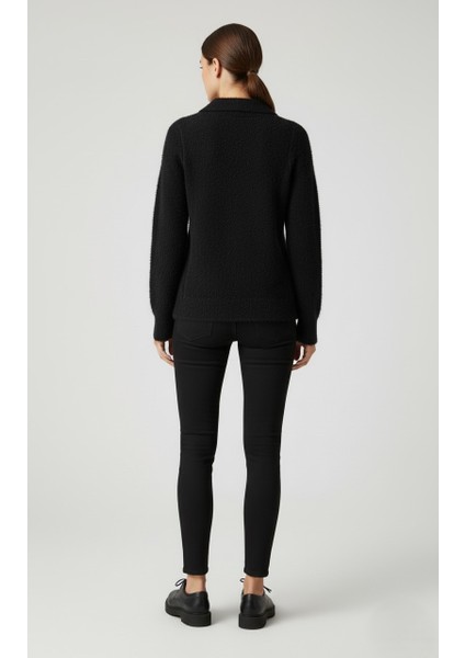 Kadın Trend Polo Yaka Tüylü Örme Kazak - %100 Pamuklu Günlük Şık Triko Üst indirimleri