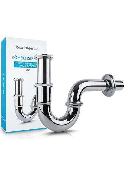 Lavabo ve Lavabo Için Evrensel Sifon - Gider Garnitürü Tam Uyumlu - Koku Kapağı Kauçuk Manşet + Montaj Kılavuzu Dahil - Boru Sifon Gider Garnitürü, Krom, Pirinçten