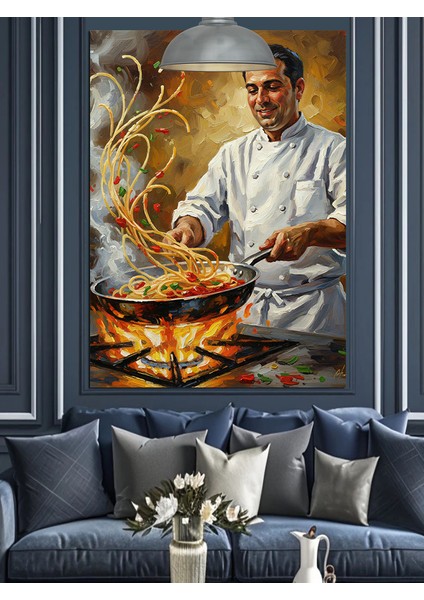 Aşçı Şef Yemek Hazırlarken Dekoratif Kanvas - Mdf Ahşap Tablo fiyatları