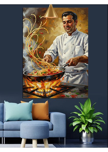 Aşçı Şef Yemek Hazırlarken Dekoratif Kanvas - Mdf Ahşap Tablo fırsatları