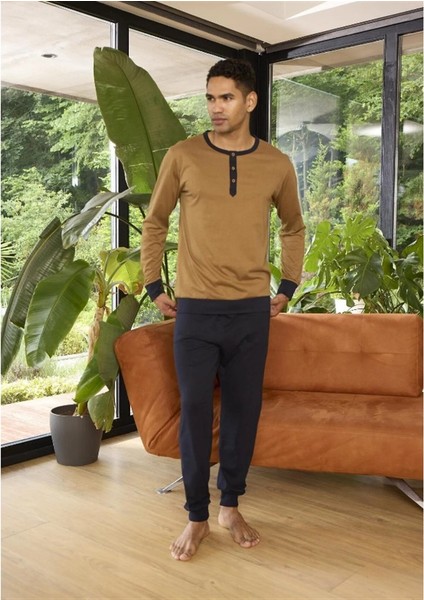 Patlı Sıfır Yaka Paçası Bilekli Uzun Kol Erkek Pijama Takım