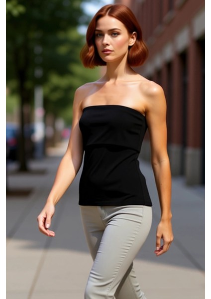 Straplez Yandan Fermuarlı Krep Örme Bluz Modern Stil Trend Tasarım Yüksek Kalite