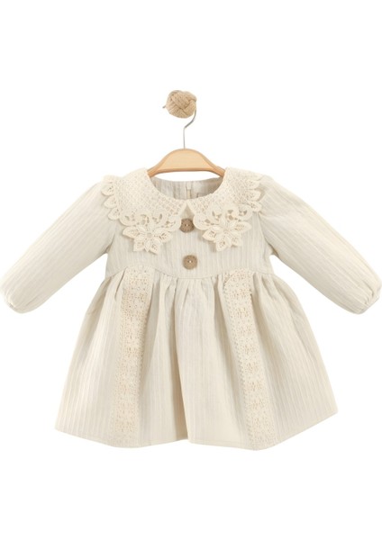 Kız Bebek (6-24 Ay) Keten Pamuklu Dantel Yaka Detaylı Elbise & Fermuarlı Krem Elbise