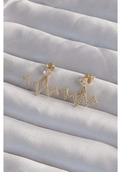 Pirinç Gold Renk Zirkon Taşlı Zikzak Küpe