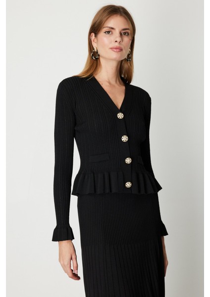 Kadın V Yaka Süs Düğmeli Triko Hırka 69905 Siyah