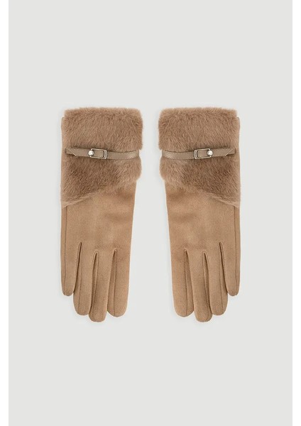 Kürklü Kemerli Eldiven - Vizon