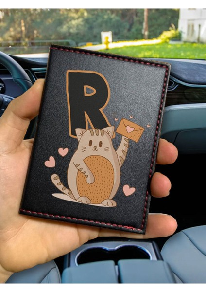 Desenli Ruhsat Kabı Logolu Oto Kılıfı Deri Dikişli Araç Ruhsat Koruyucu R Harfi Kedili