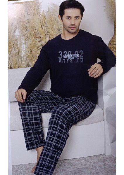 Erkek Siyah Gri Battal Uzun Kol Penye Pijama Takımı