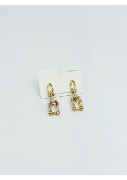 Altın Renkli Taş Detaylı Modern Sallantılı Çelik Küpe