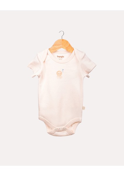 %100 Organik Pamuk Gots Sertifikalı Kısa Kollu Octopus Desenli Bebek & Yenidoğan Body - Ekru