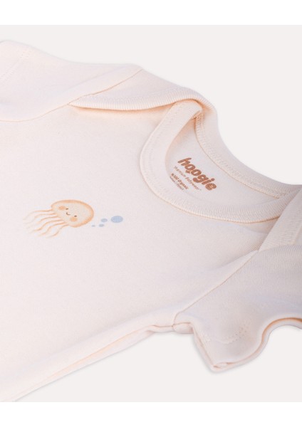 %100 Organik Pamuk Gots Sertifikalı Kısa Kollu Octopus Desenli Bebek & Yenidoğan Body - Ekru
