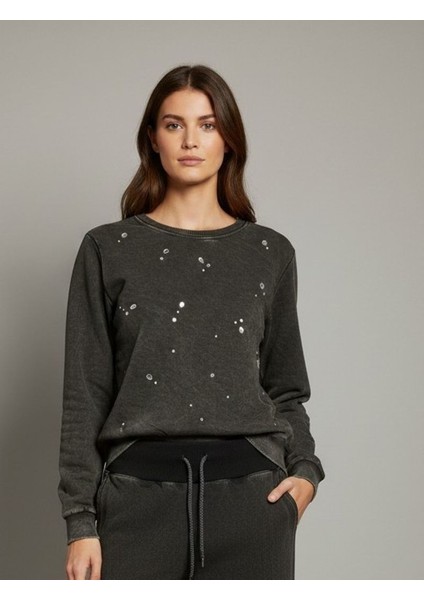 Kadın Taş Detaylı %95 Pamuk %5 Elastan Normal Kalıp Batik Siyah Sweatshirt – Bisiklet Yaka modelleri