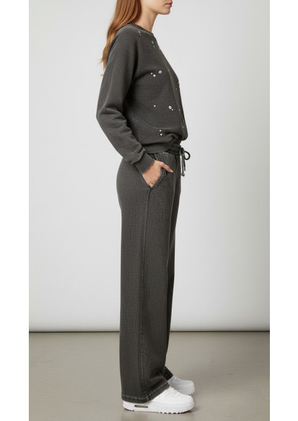 Kadın Taş Detaylı %95 Pamuk %5 Elastan Normal Kalıp Batik Siyah Sweatshirt – Bisiklet Yaka fırsatları