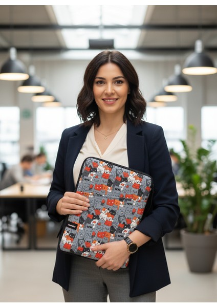 Çok Bölmeli, Kedi Desenli Samsung Galaxy Tab S9+ / S9 Fe+ / S7 Fe ile Uyumlu 12.4" Tablet Çantası