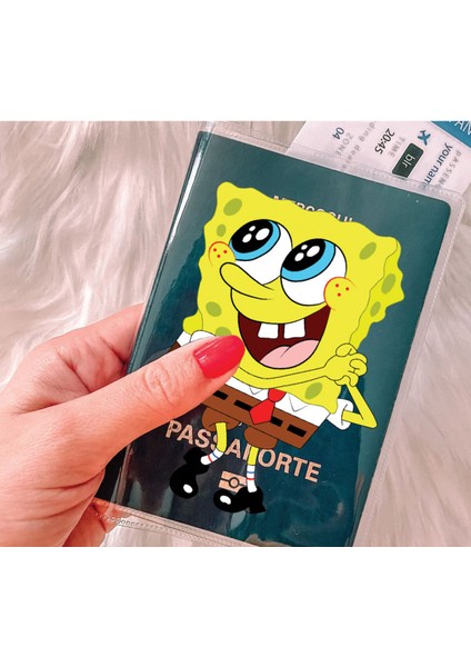 Tüm Ülke Pasaportları ile Uyumlu Şeffaf Pvc Baskılı Cepli Pasaport Kılıfı Kabı - Spongebob