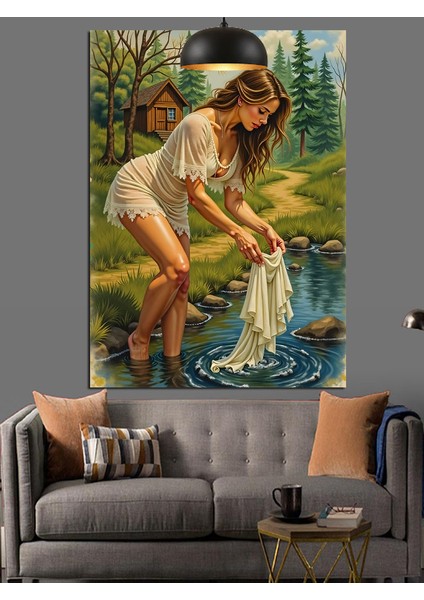 Dere Kenarında Çamaşır Yıkayan Kadın Dekoratif Kanvas - Mdf Ahşap Tablo