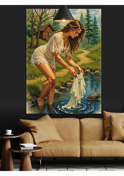 Dere Kenarında Çamaşır Yıkayan Kadın Dekoratif Kanvas - Mdf Ahşap Tablo modelleri
