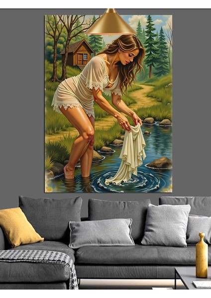 Dere Kenarında Çamaşır Yıkayan Kadın Dekoratif Kanvas - Mdf Ahşap Tablo fırsatları
