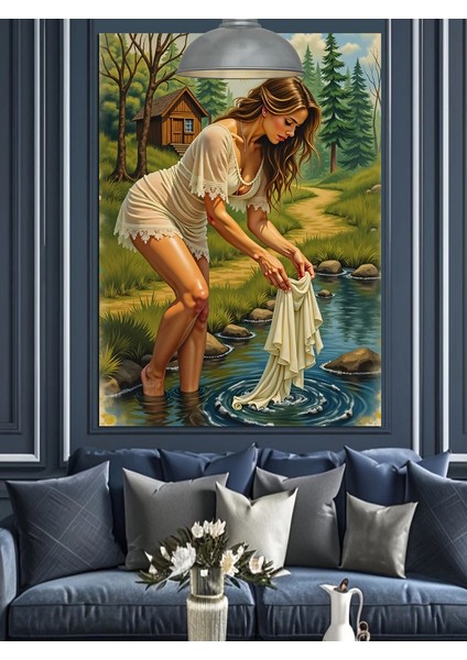 Dere Kenarında Çamaşır Yıkayan Kadın Dekoratif Kanvas - Mdf Ahşap Tablo indirimleri
