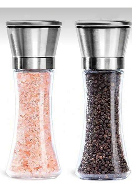 Paslanmaz Çelik Kapaklı Cam Gövdeli Baharat Değirmeni Seti 2'li 19 cm