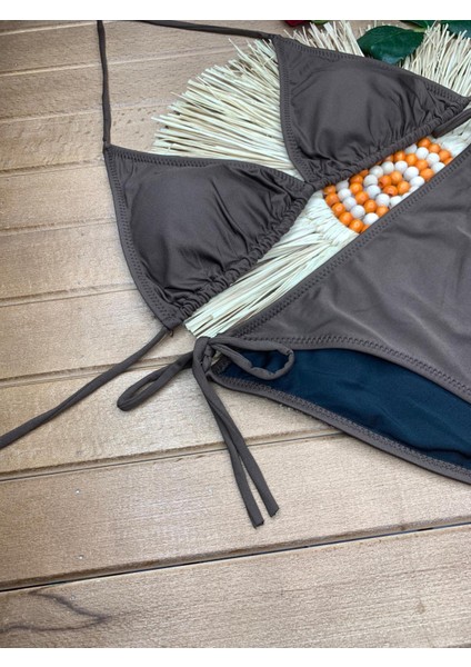 Kadın Likralı Esnek Yandan ve Boyundan Bağlamalı Şık Ipli Üçgen Bikini Takım fiyatları