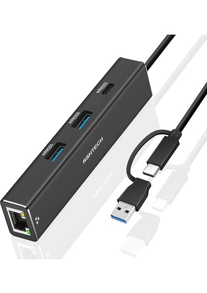 USB 3.2 Hub Lan Adaptörü 1000MBPS, USB 3.1 Hub Gen2, 3* 10GBPS Bağlantı Noktası (2* Tip-A ve 1* Tip-C) ve RJ45 Gigabit Ethernet Ağ Adaptörü, Alüminyum Ethernet Hub ve USB 3.0/2.0 Uyumlu, RSH-ST310
