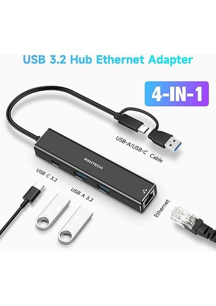 USB 3.2 Hub Lan Adaptörü 1000MBPS, USB 3.1 Hub Gen2, 3* 10GBPS Bağlantı Noktası (2* Tip-A ve 1* Tip-C) ve RJ45 Gigabit Ethernet Ağ Adaptörü, Alüminyum Ethernet Hub ve USB 3.0/2.0 Uyumlu, RSH-ST310 fiyatları