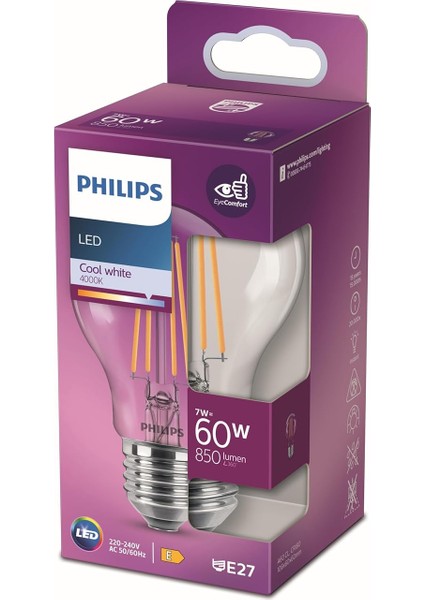LED Classic 60W A60 Filament Ampul, 4000K Gün Işığı, E27 Normal Duy, Dim Edilmez