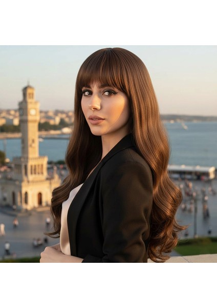Kahküllü Uzun Dalgalı Fiber Sentetik Peruk - Kahve Karamel