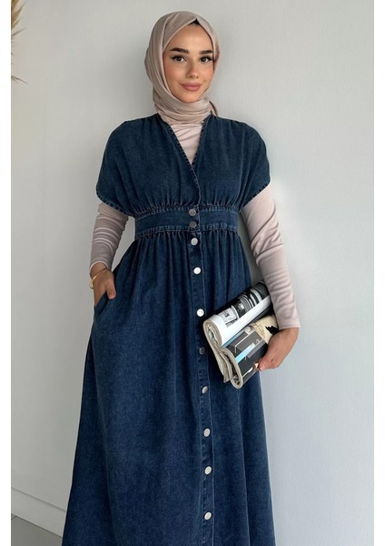 V Yaka Boydan Düğmeli Jean Kot Tesettür Elbise P-00018906