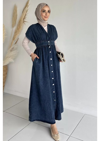 V Yaka Boydan Düğmeli Jean Kot Tesettür Elbise P-00018906 fiyatları